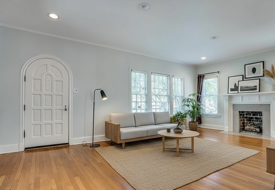 Staged living room with warm neutral palette